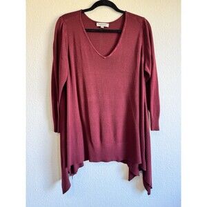 Avenue Women's Maroon V Neck Pullover Tunic Sweater Asymmetrical Long Sleeve 1X